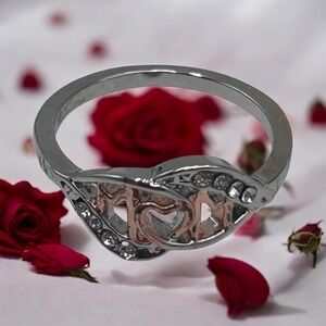 Silver Rose Gold Tone MOM Heart Crystal Ring Size 6 US Sentimental Jewelry